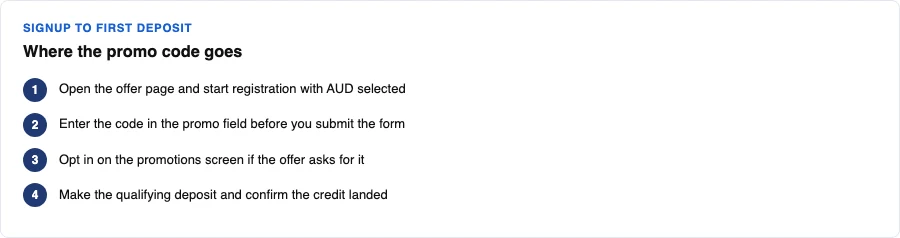 Four step OzzyBet promo code signup process for Australian players